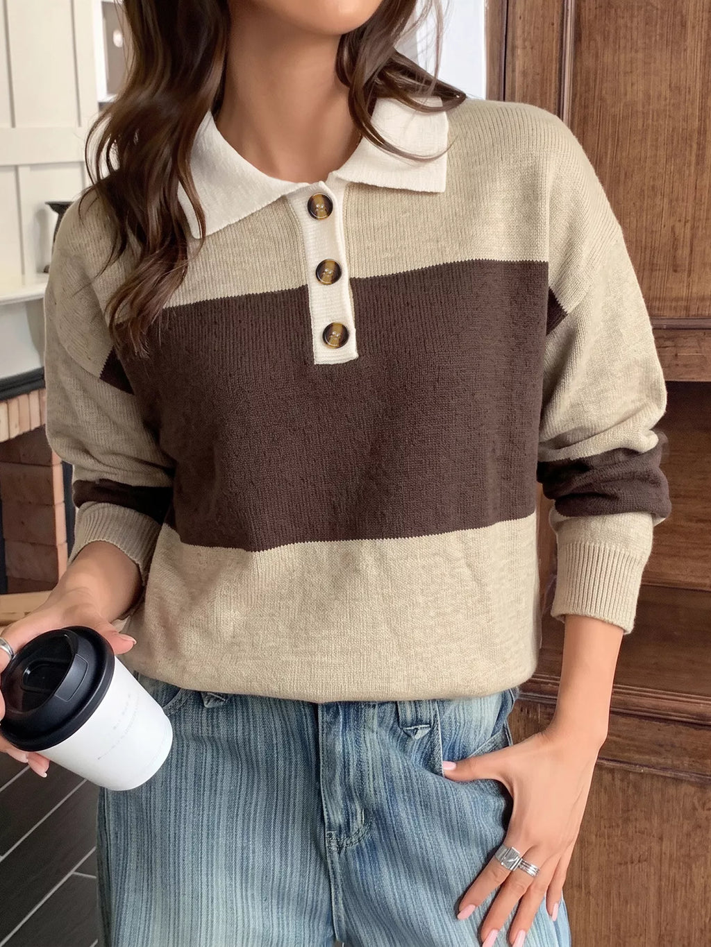 Color Block Polo Collar Sweater