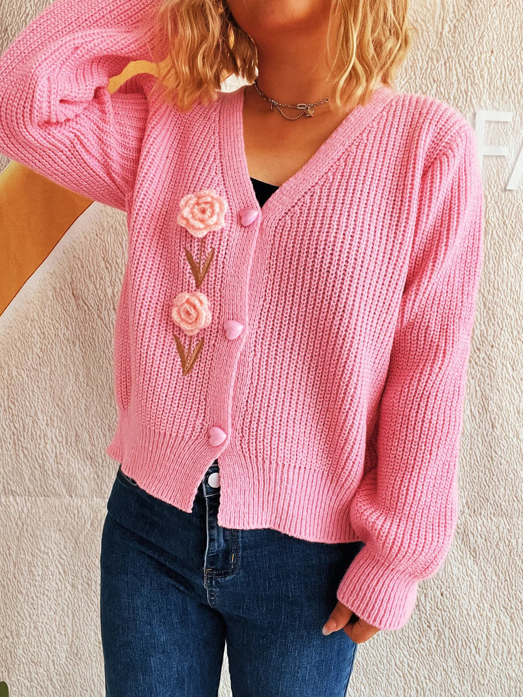 Flower V-Neck Button Up Cardigan