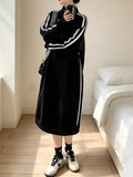 Casual Quarter‑Zip Mock Neck Side Stripe Midi Sweatshirt Dress