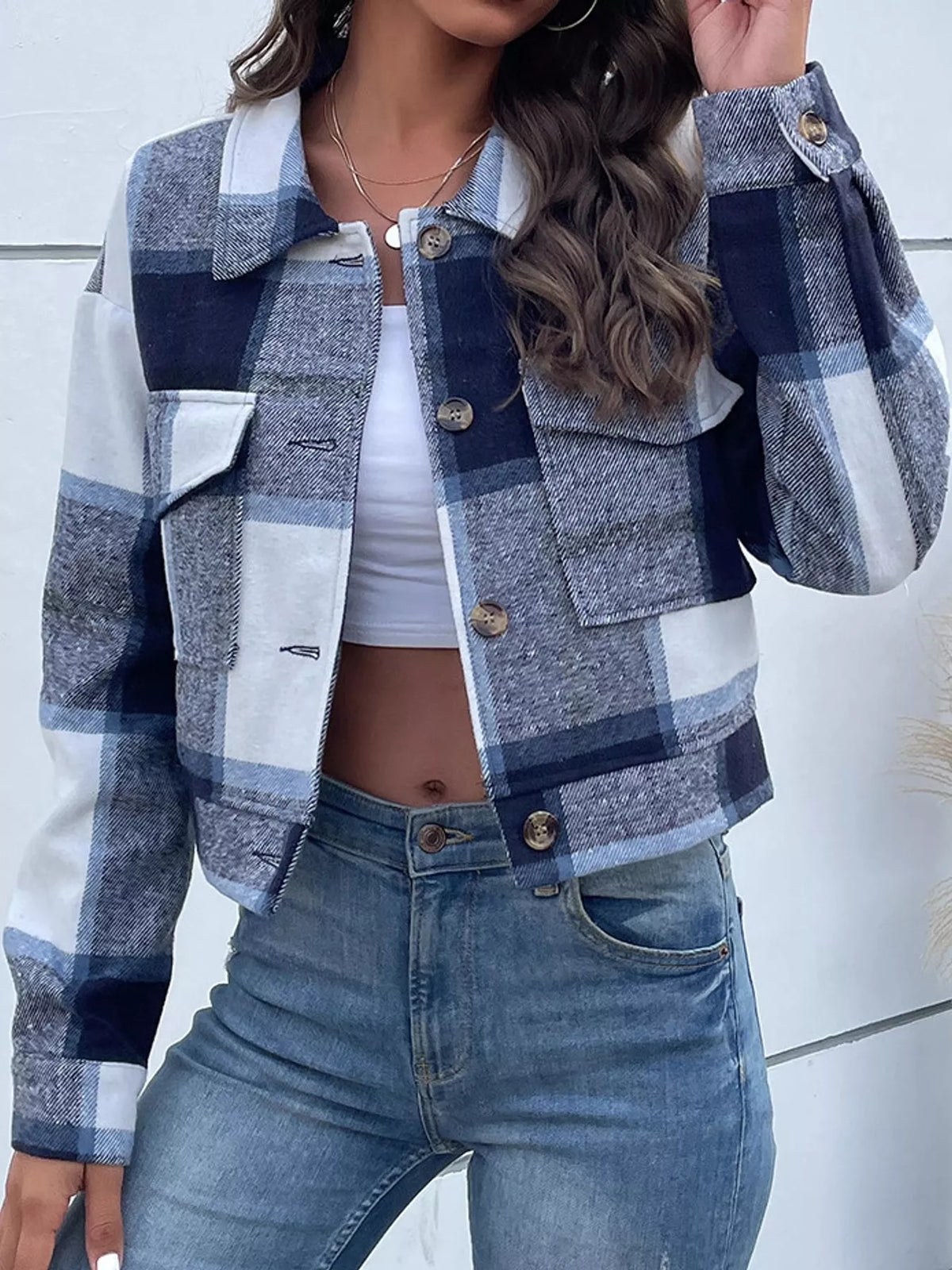 Plaid Button-Front Cropped Jacket