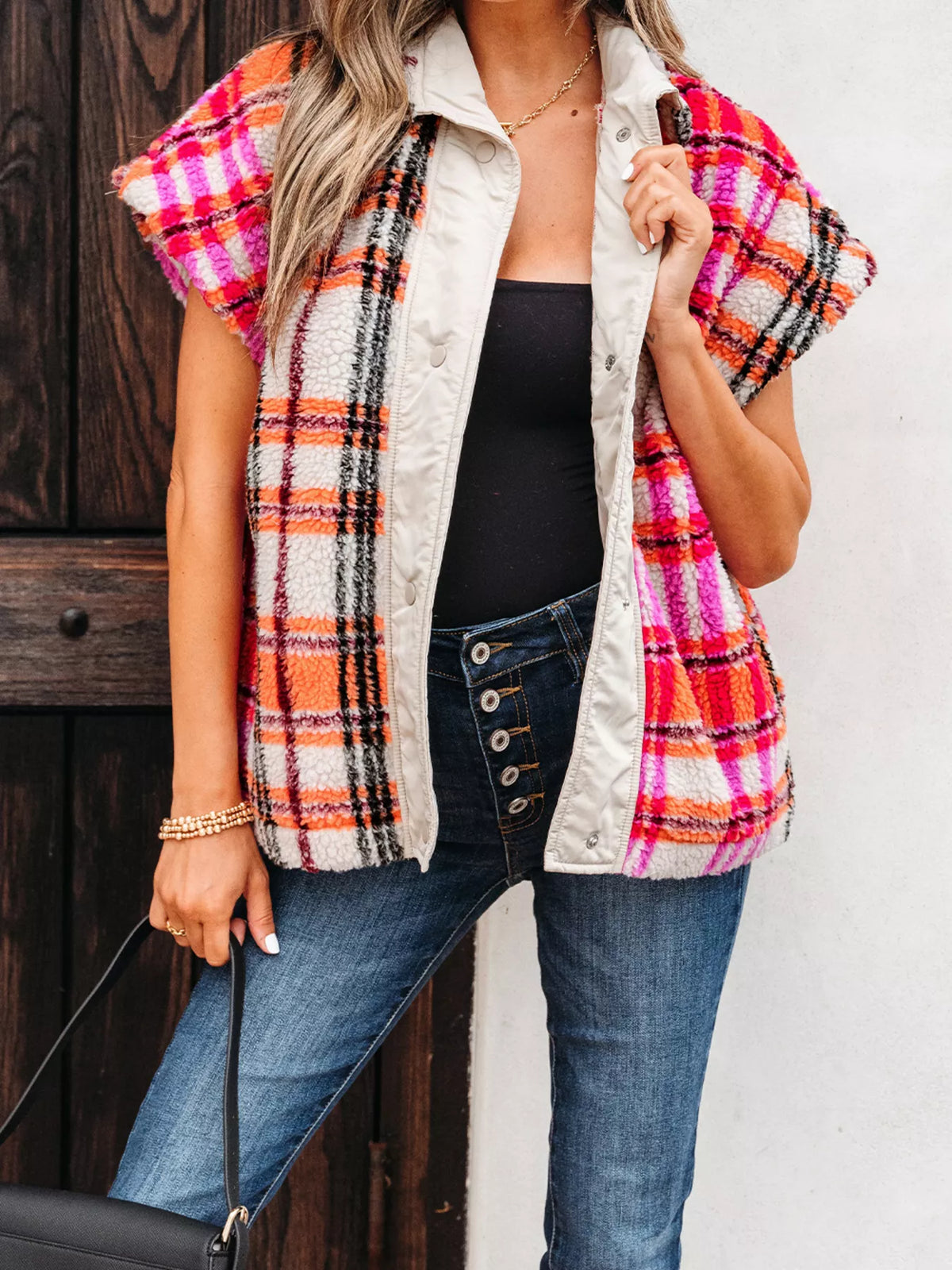 Sherpa Plaid Snap-Front Vest Coat