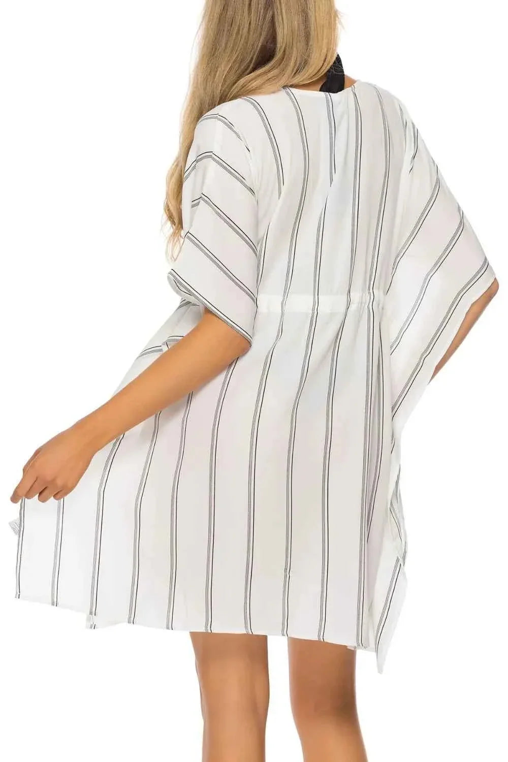 Drawstring Striped V-Neck Short Sleeve Beach Cover-Up