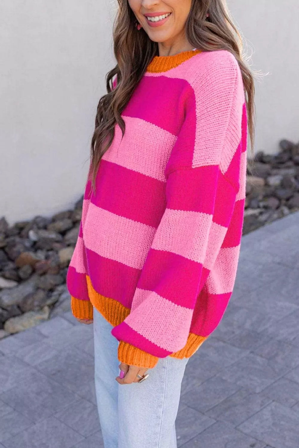 Color-Block Striped Dropped Shoulder Sweater