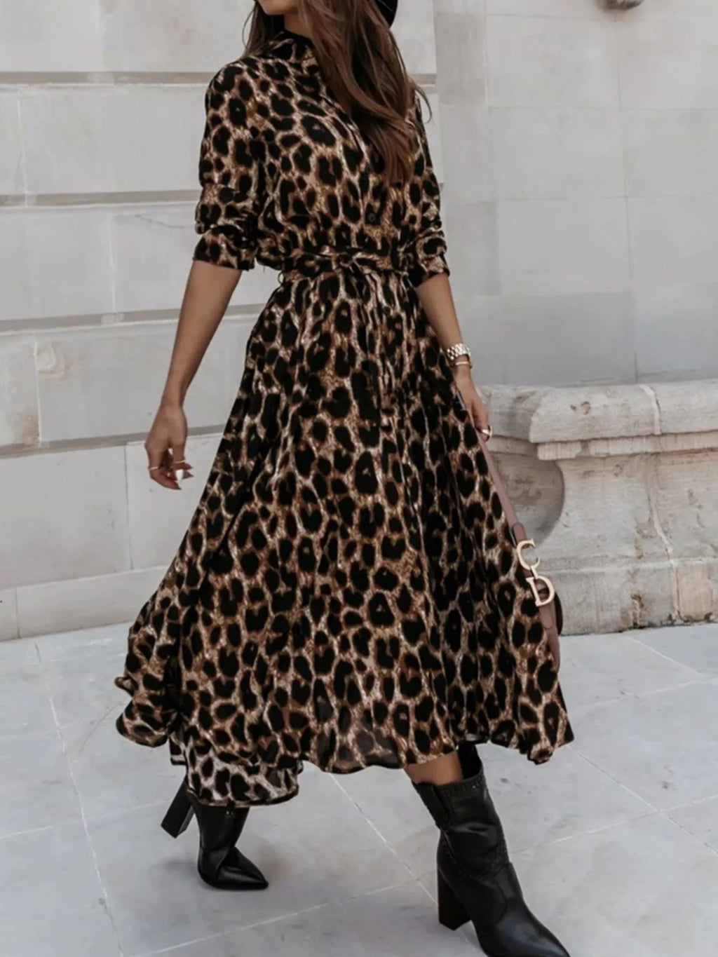Leopard Print Button-Down Midi Dress with Belt