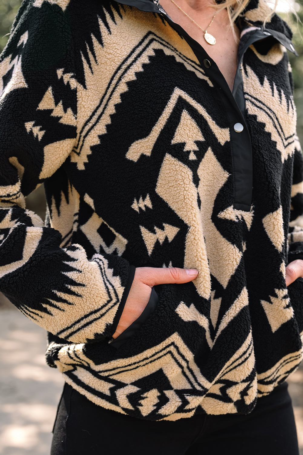 Black Western Aztec Half Placket Plush Sweatshirt