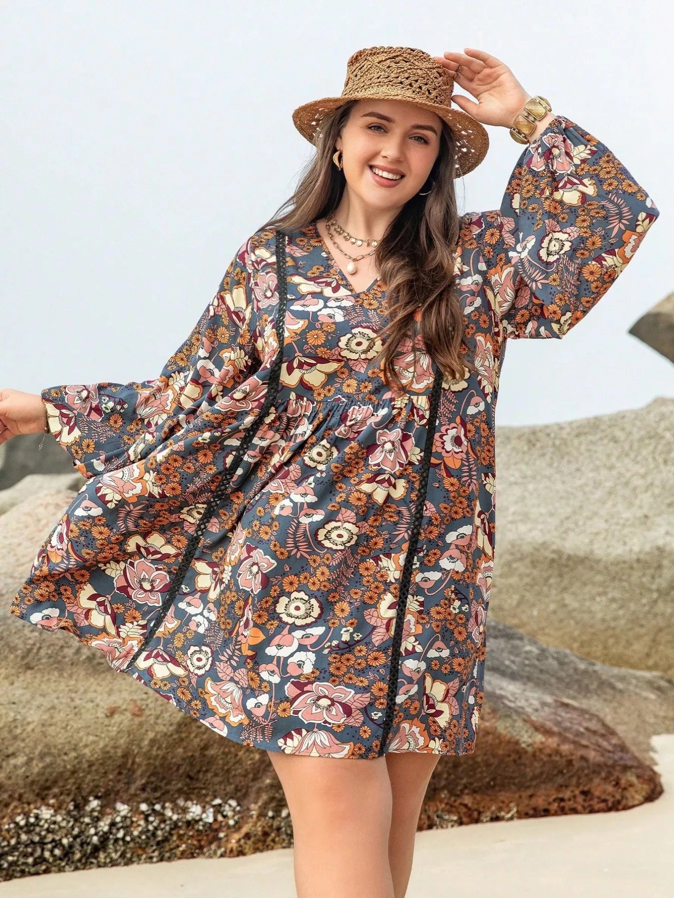 Floral Print Long Sleeve Mini Dress