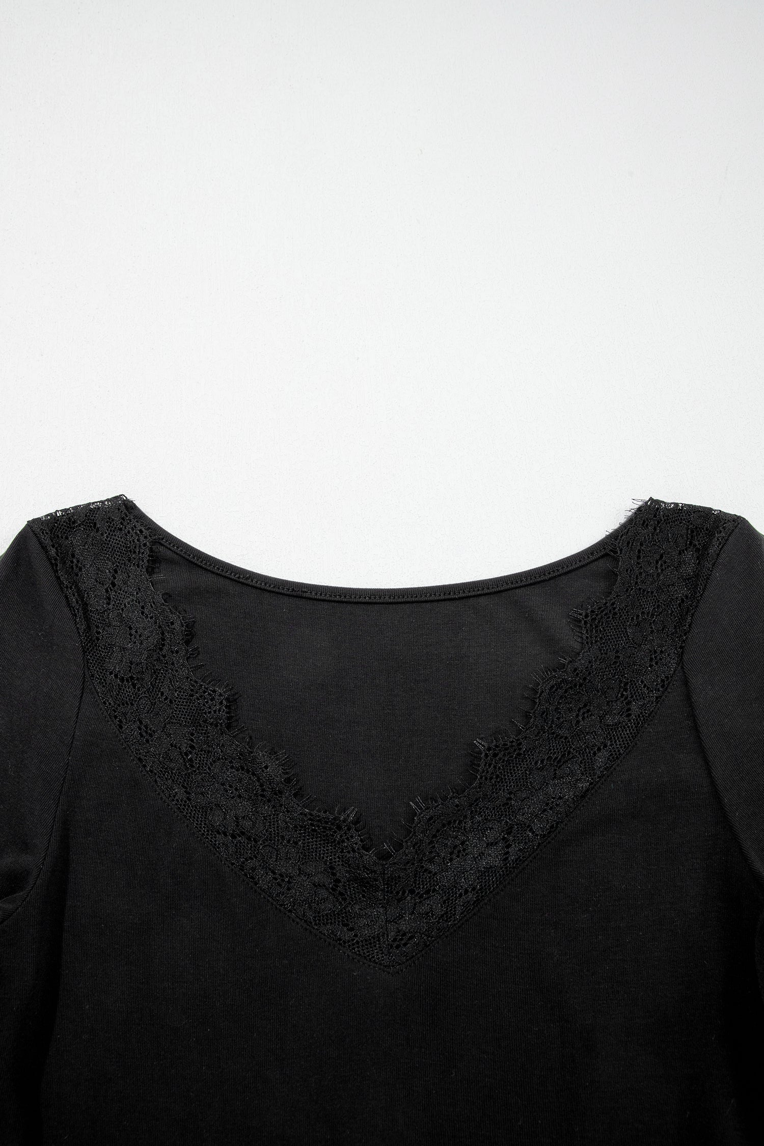 Black Lace Trim Elegant Neckline Long Sleeve Slim Top