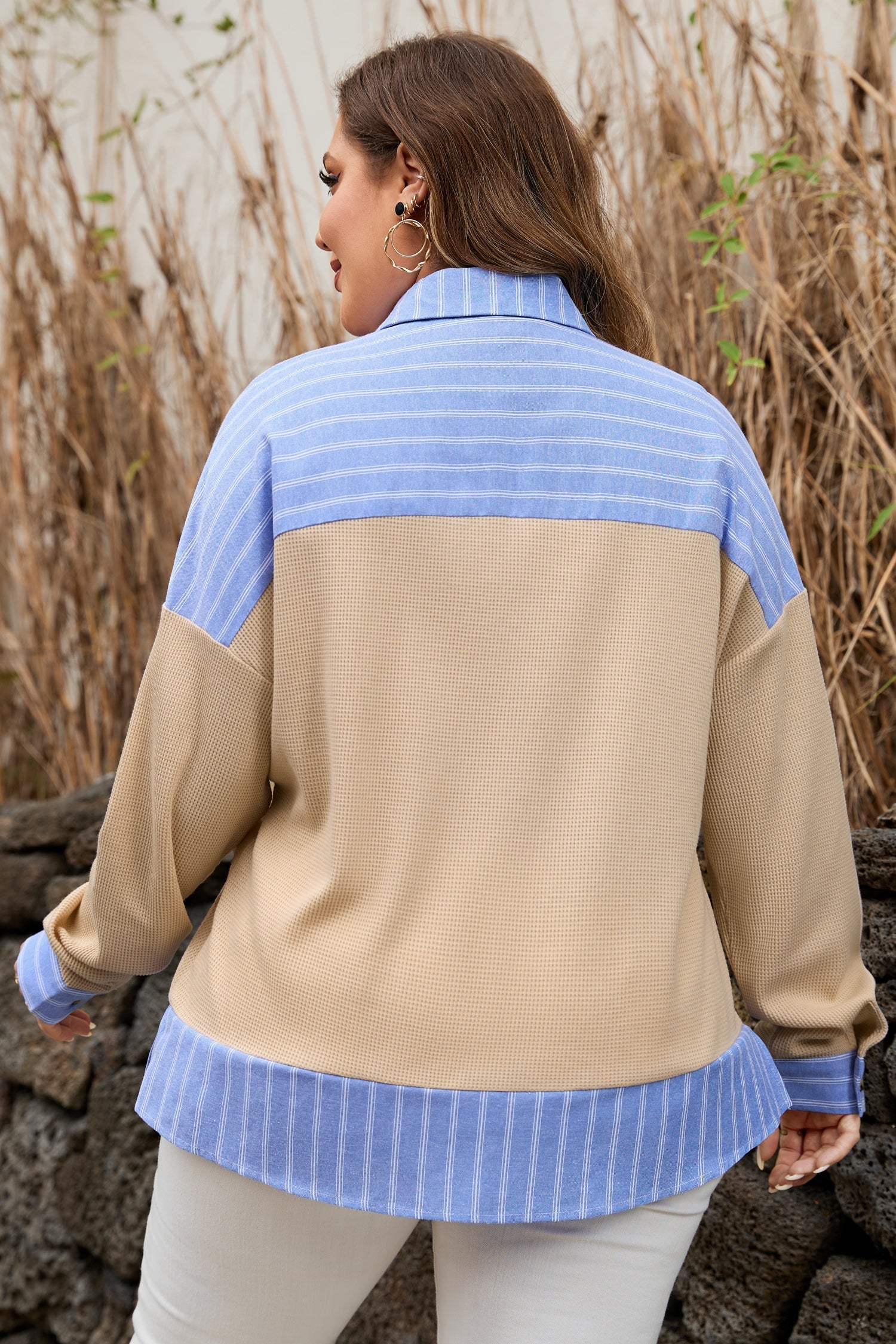 Parchment Plus Size Striped Contrast Trim Waffle Knit Collared Top