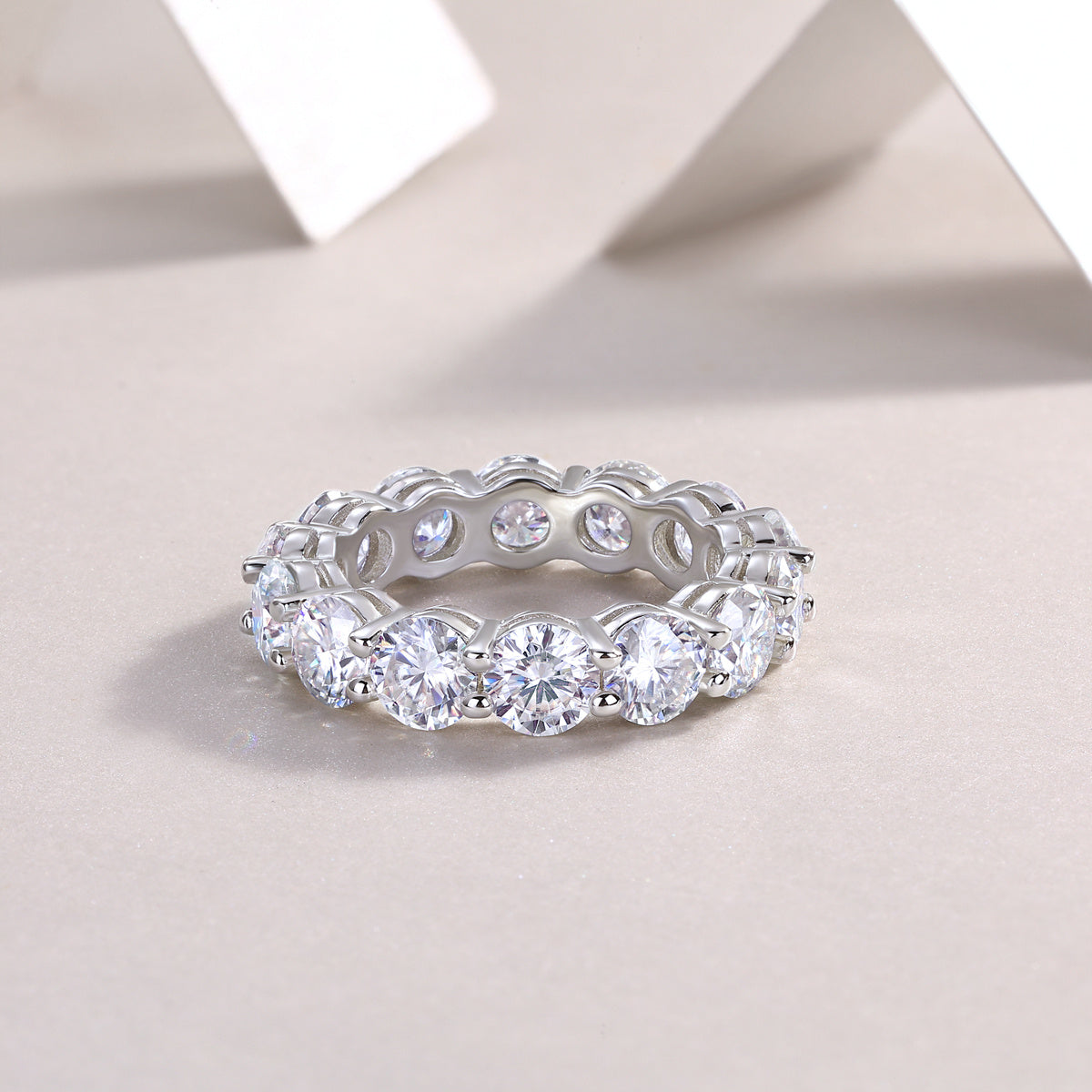 S925 Silver 3.5g Platinum Plated Moissanite Eternity Ring, 5.0mm 13pcs D VVS1 Band, GRA Certified US 5-9
