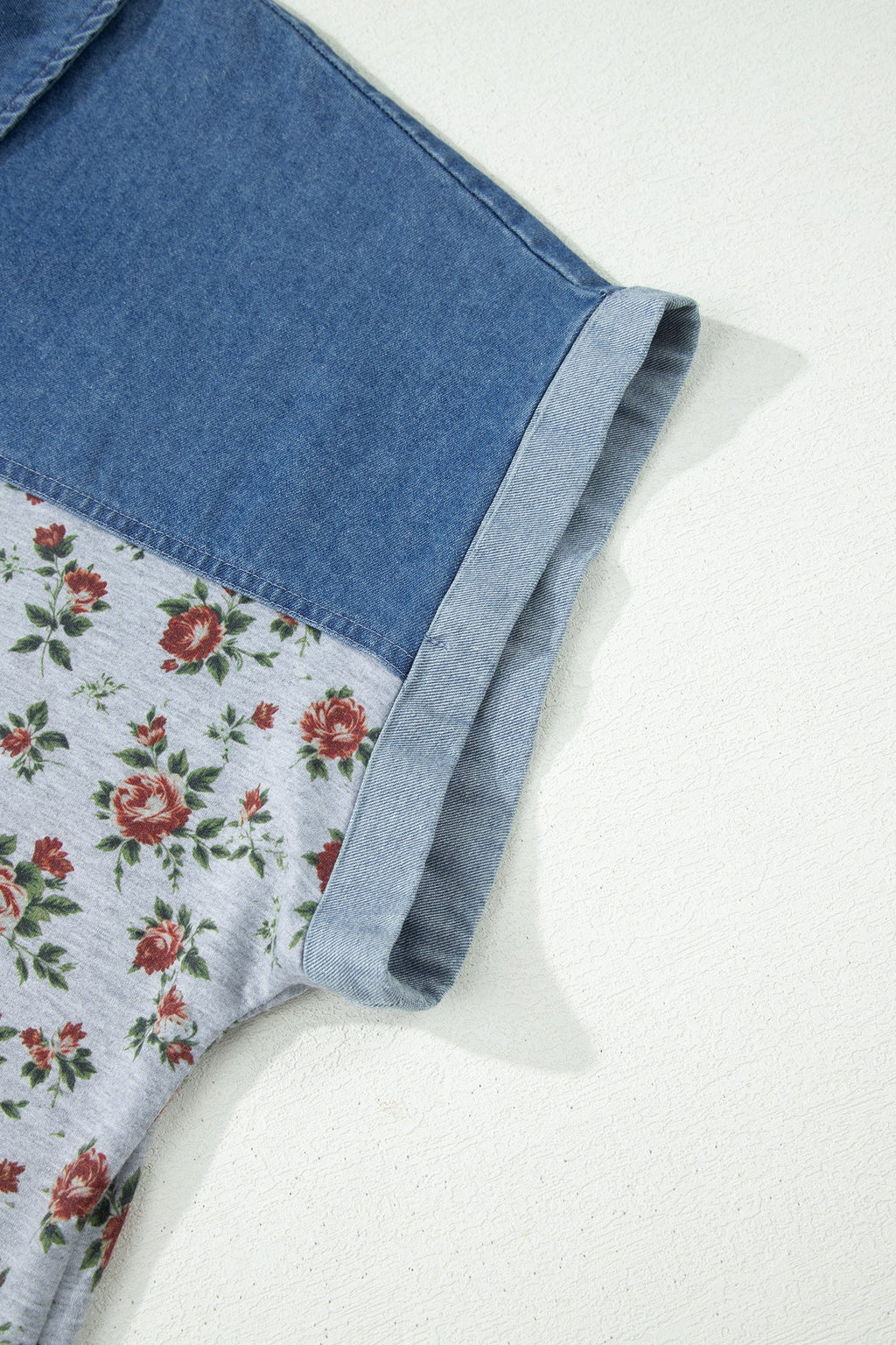 Gray Retro Floral Print Denim Patchwork Plus Size Polo Tee