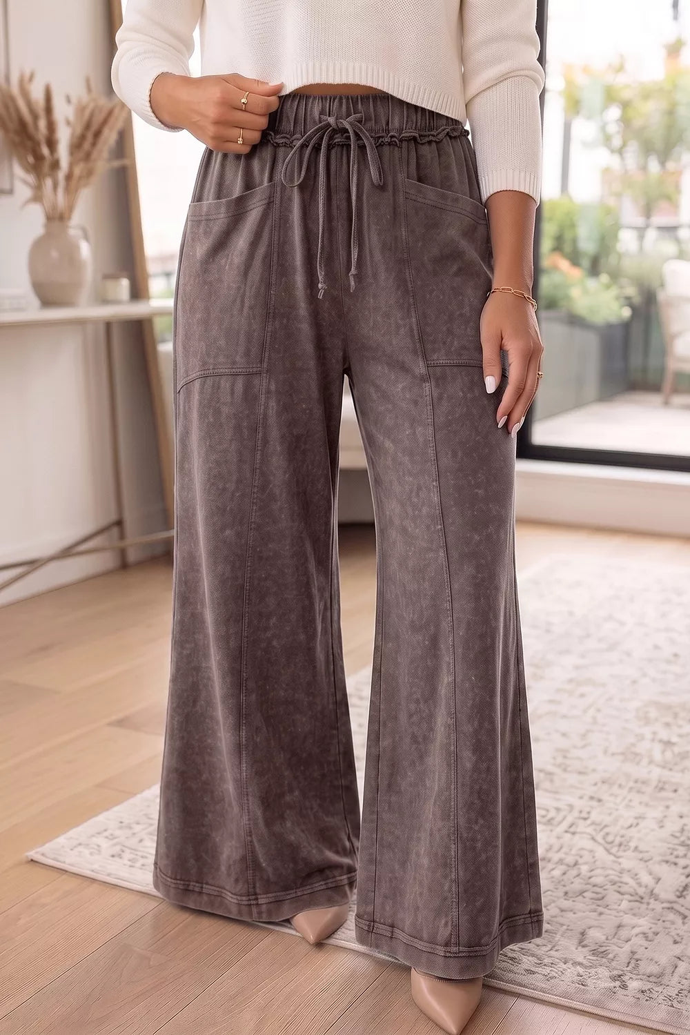 Washed Wide-Leg Drawstring Pants