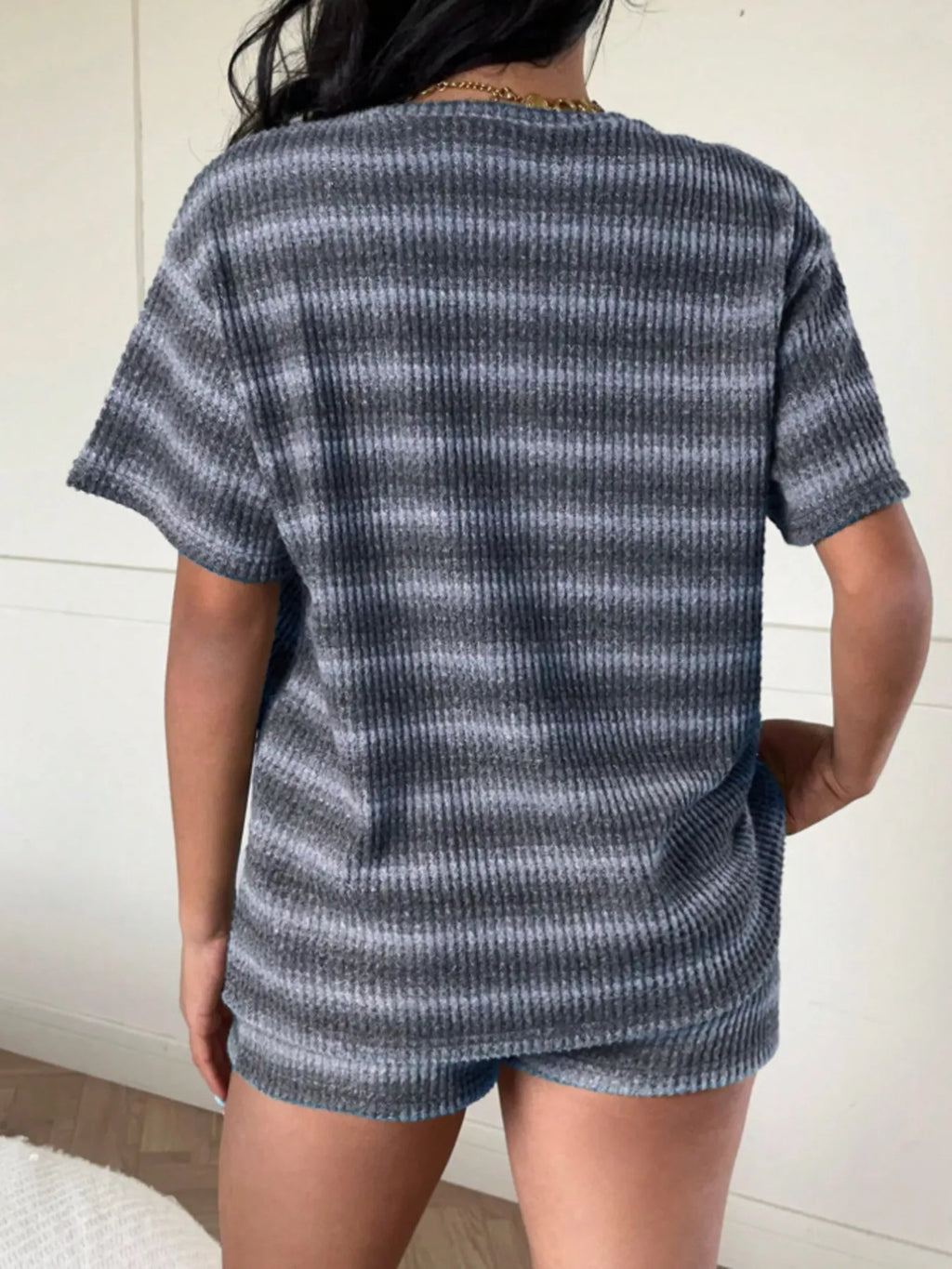 Striped Textured Knit Top and Shorts Set