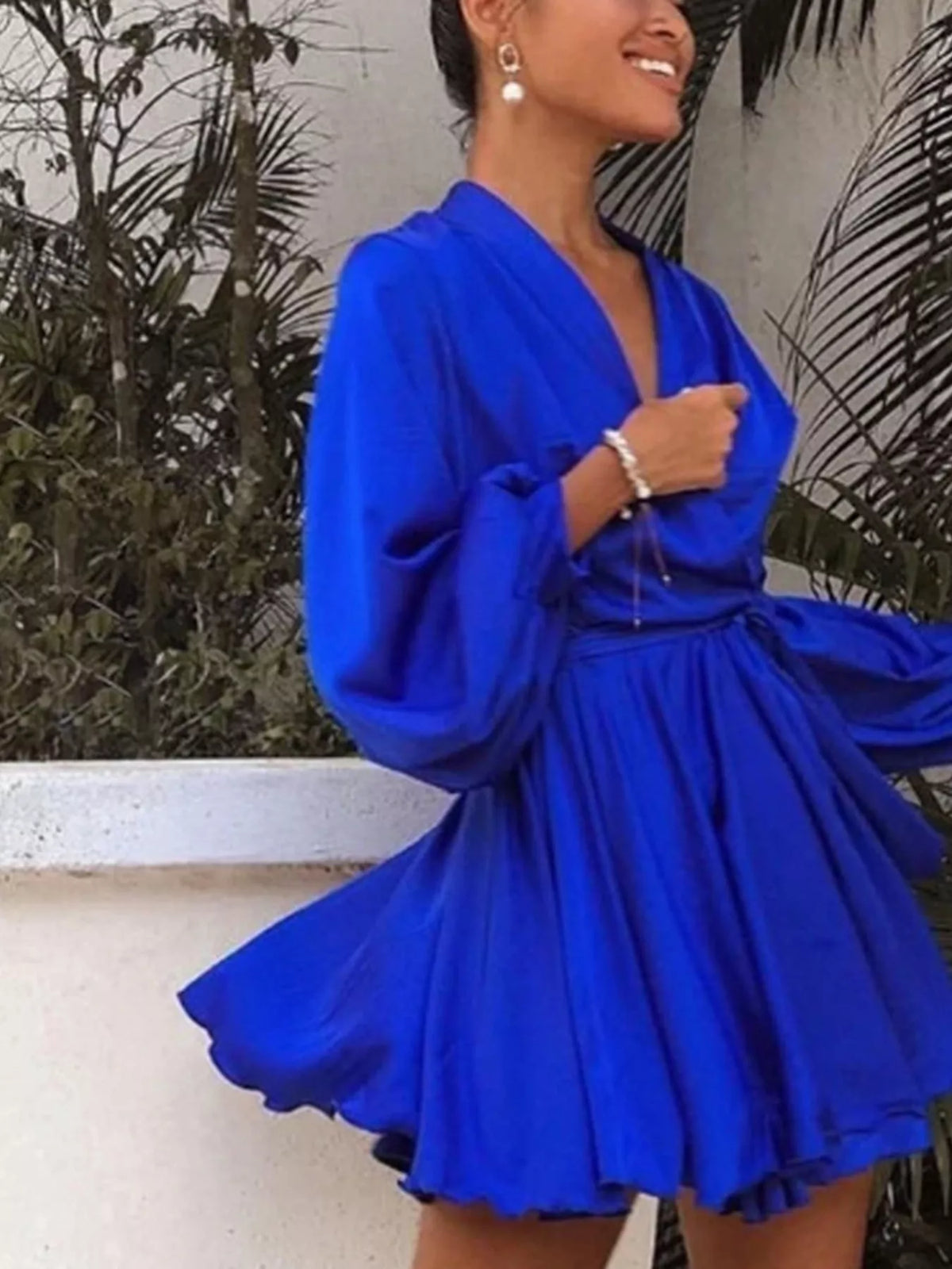 Satin Surplice Long Sleeve Mini Dress