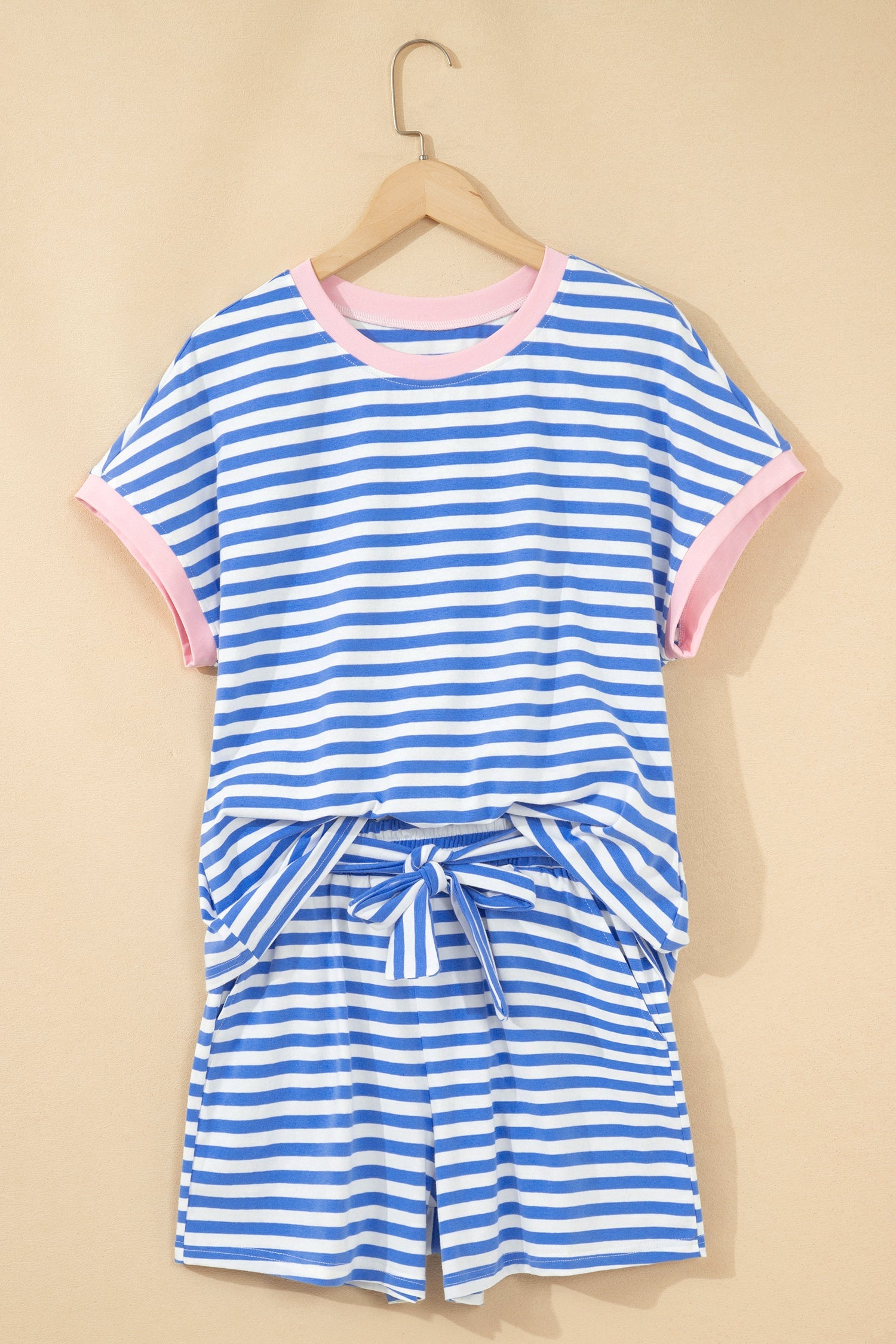 Sky Blue Stripe Contrast Trim Crew Neck Tee Knot Shorts 2pcs Set