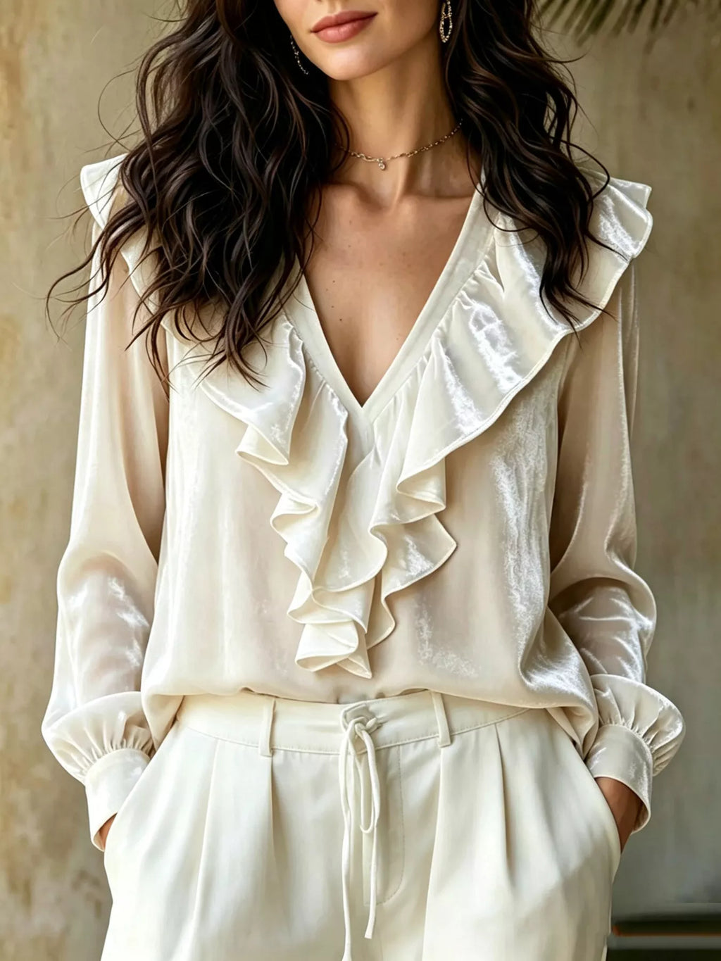Ruffled V-Neck Long Sleeve Blouse