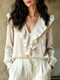 Ruffled V-Neck Long Sleeve Blouse