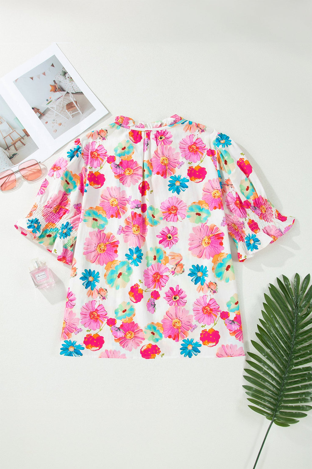 Pink Plus Size Floral Print Ruched Short Sleeve Blouse