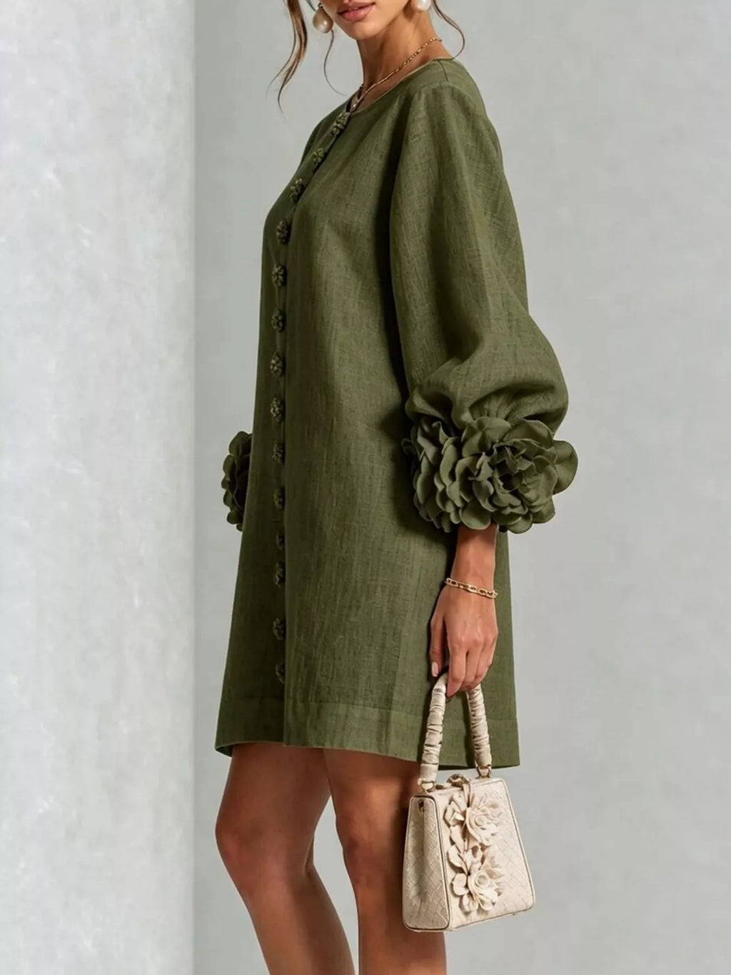 3D Floral 3/4 Sleeve Mini Dress