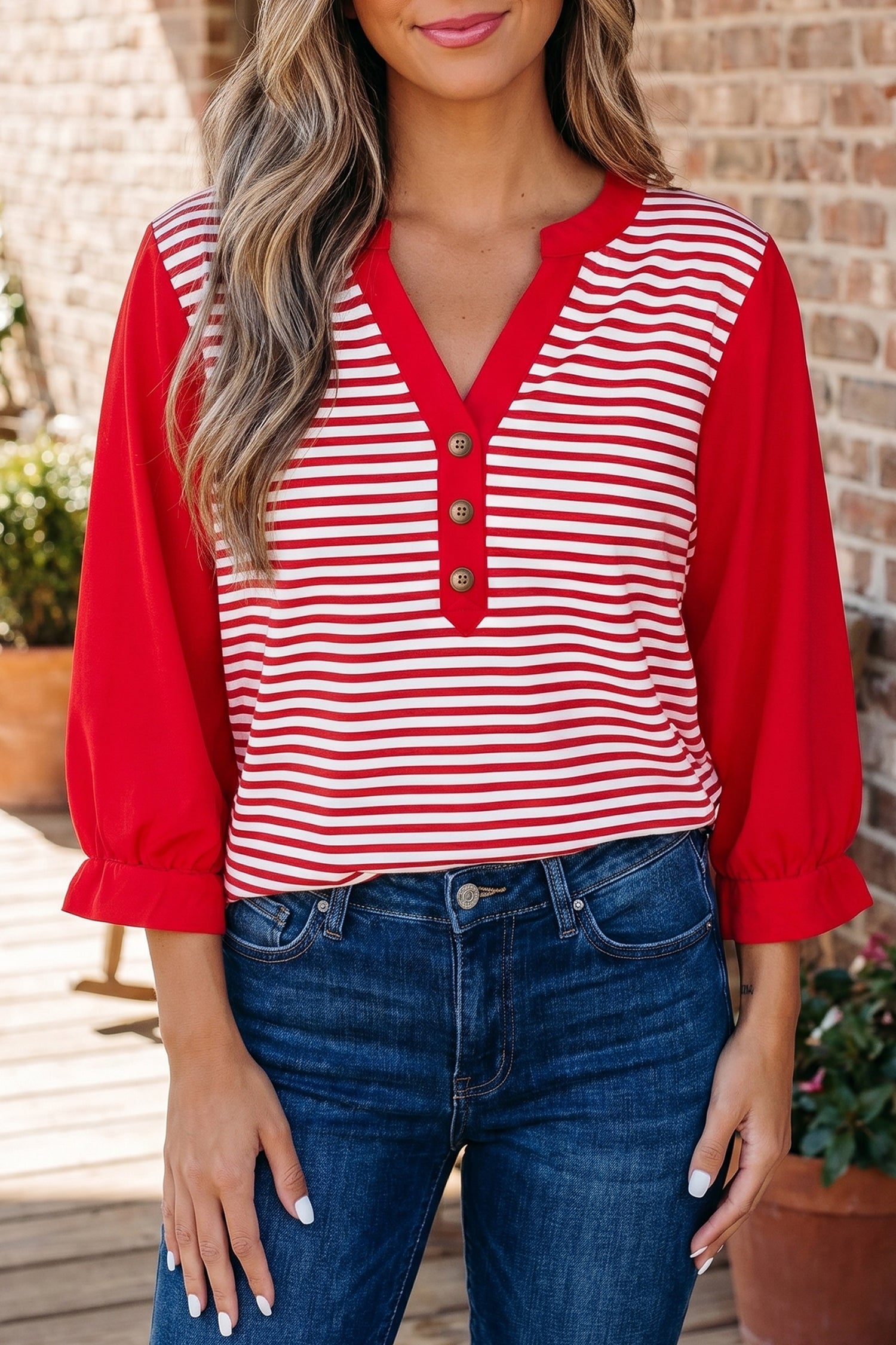 Red Stripe Half Placket V Neck Contrast 3/4 Sleeve Patchwork Top