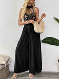 Floral Embroidered Halter Neck Pleated Wide Leg Jumpsuit