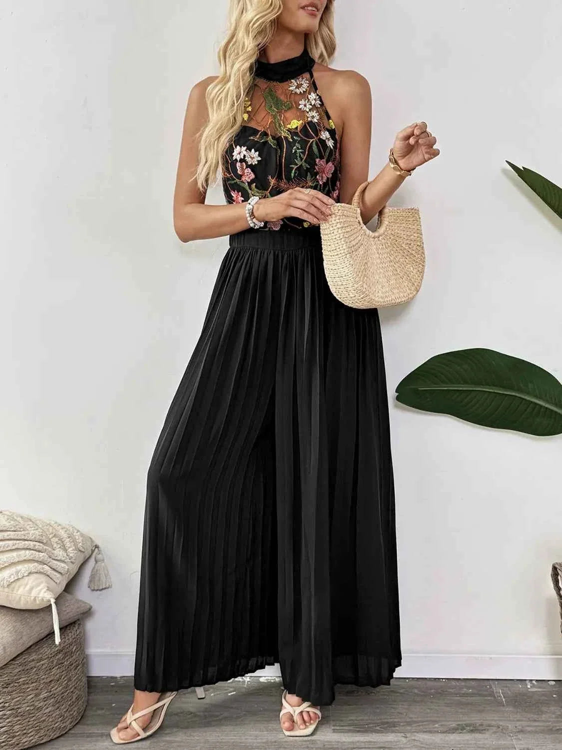 Floral Embroidered Halter Neck Pleated Wide Leg Jumpsuit