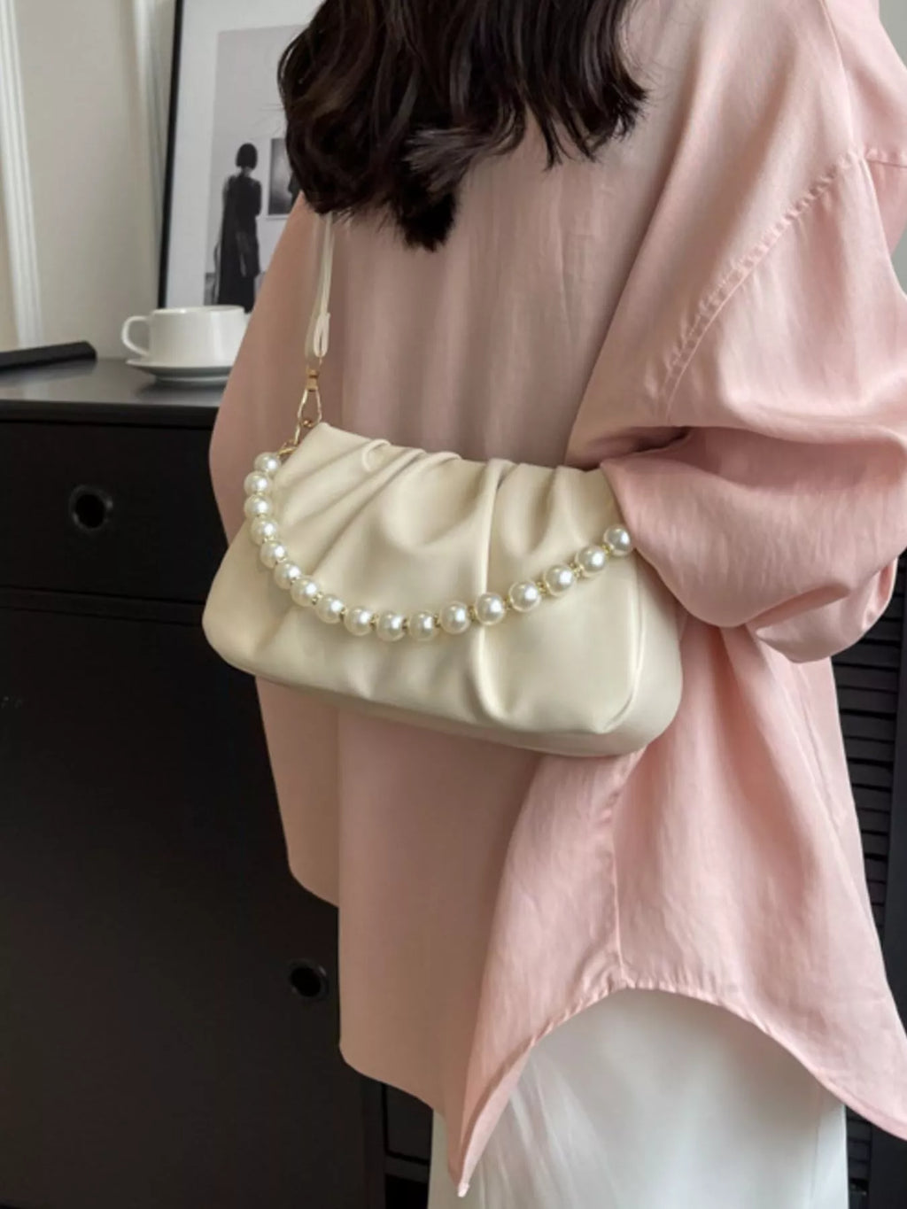 Ruched Shoulder Bag with Pearl Embellishment