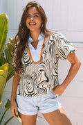 White Zebra Stripe Print Contrast V-Neck Ricrac Detail Short Sleeve Blouse Top