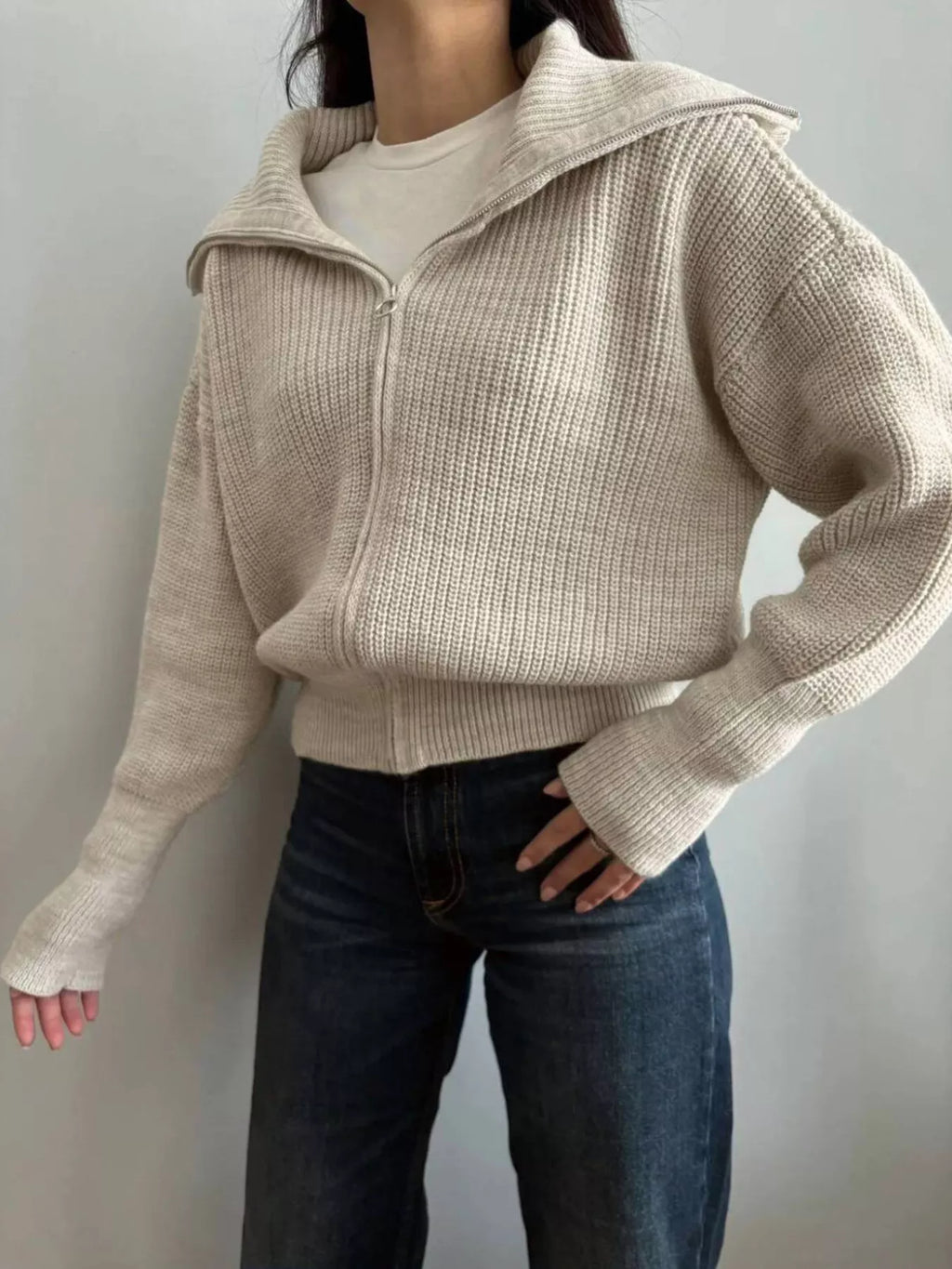Zip Up Dropped Shoulder Cardigan