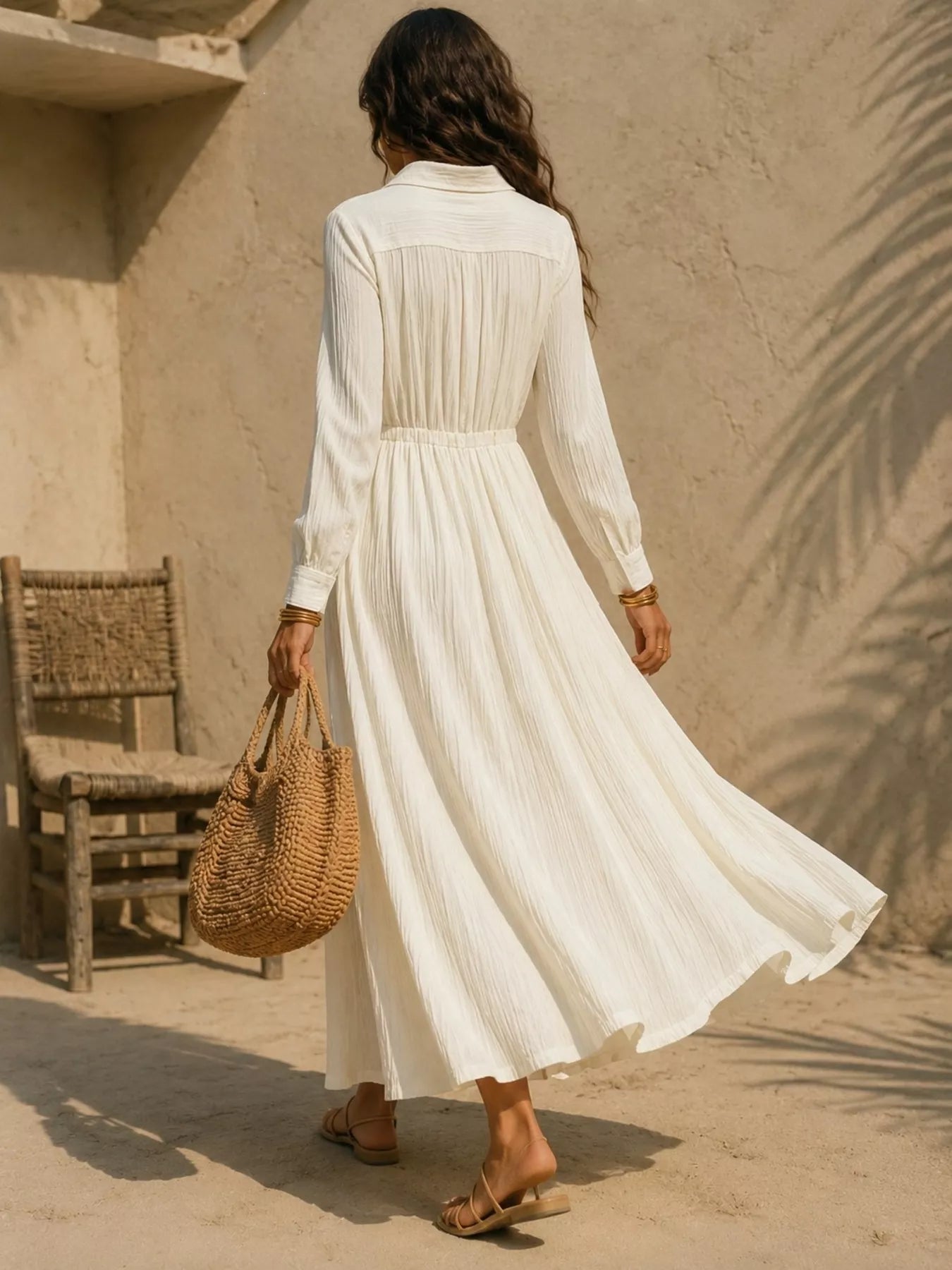 Full Size Textured Button Front Long Sleeve Maxi Dress Plus Size