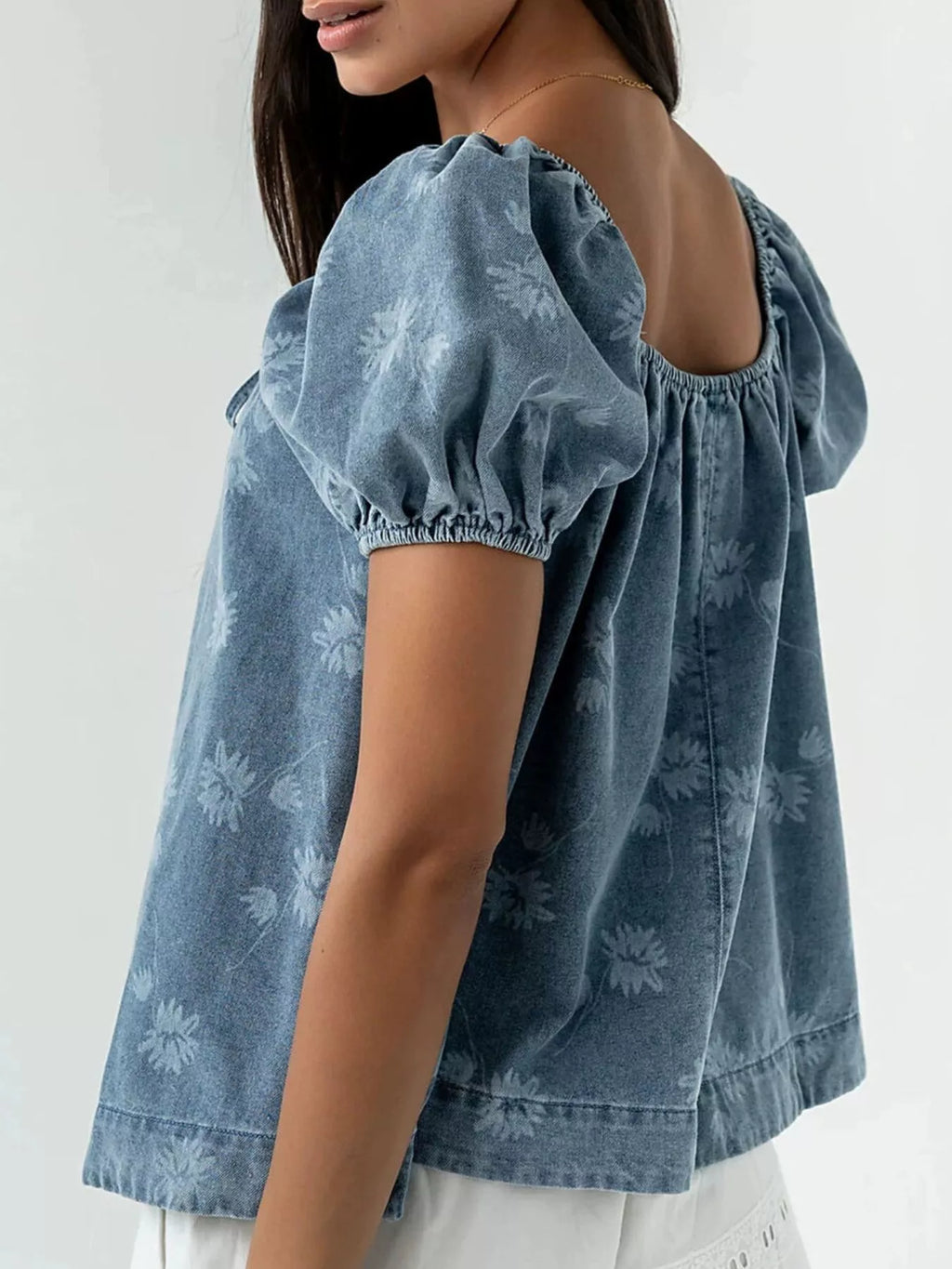Floral Print Puff Sleeve Denim Top
