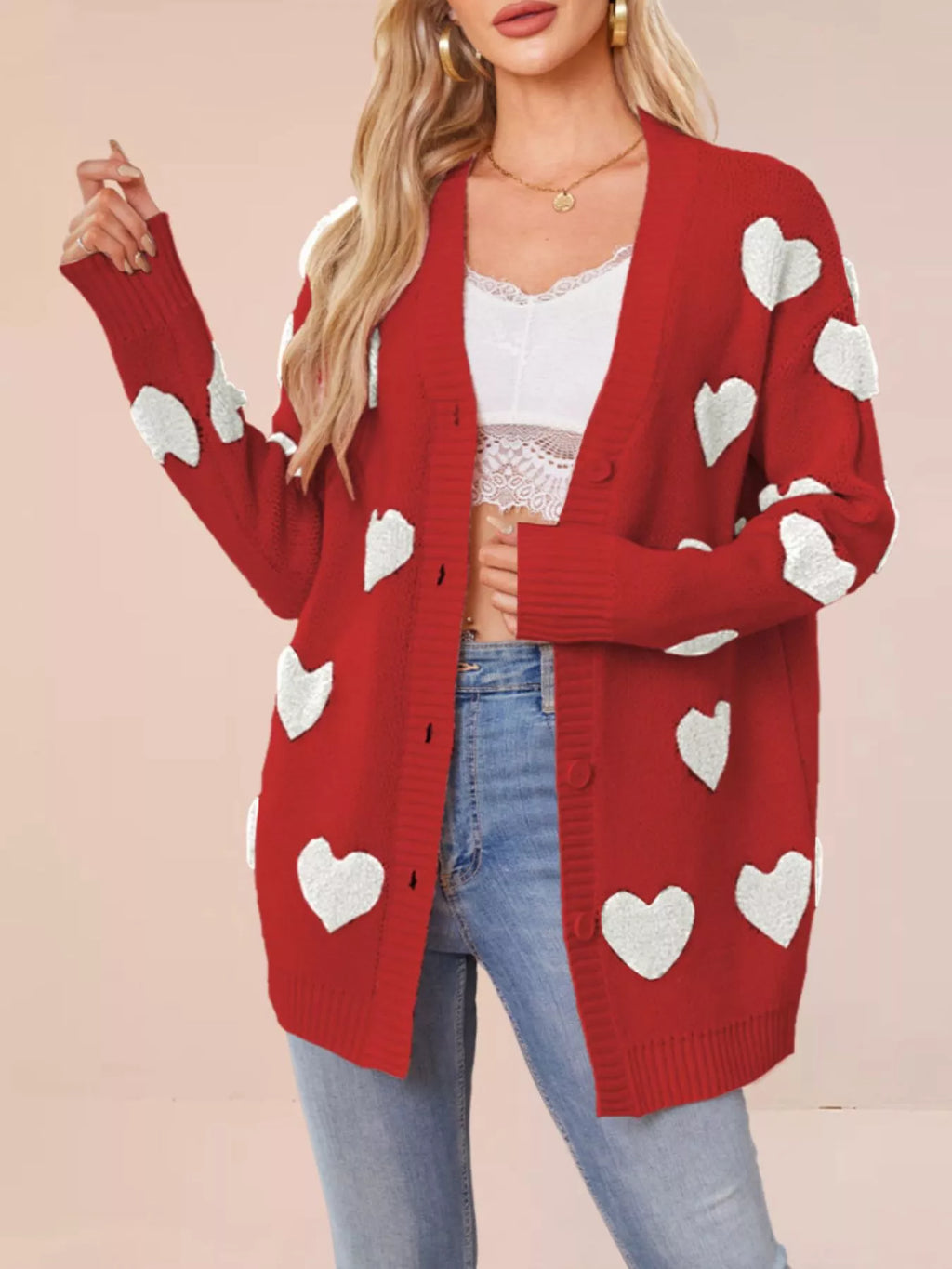 Heart Pattern V-Neck Button-Down Knit Cardigan