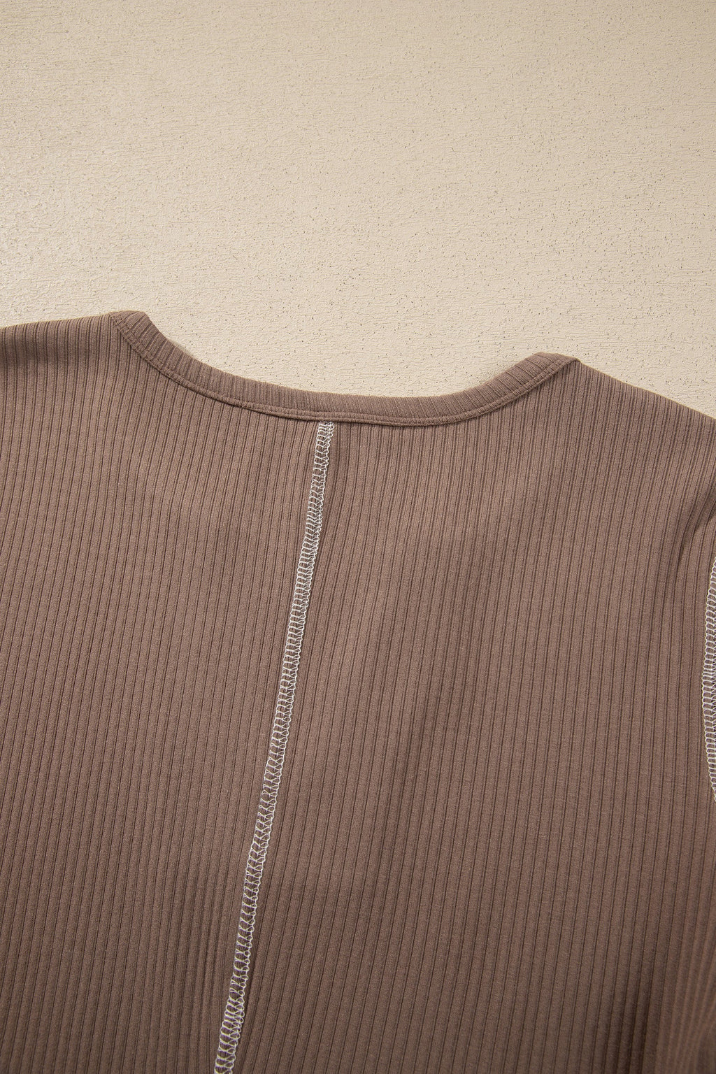 Dark Khaki V Neck Ribbed Stitched Detail Long Sleeve Top