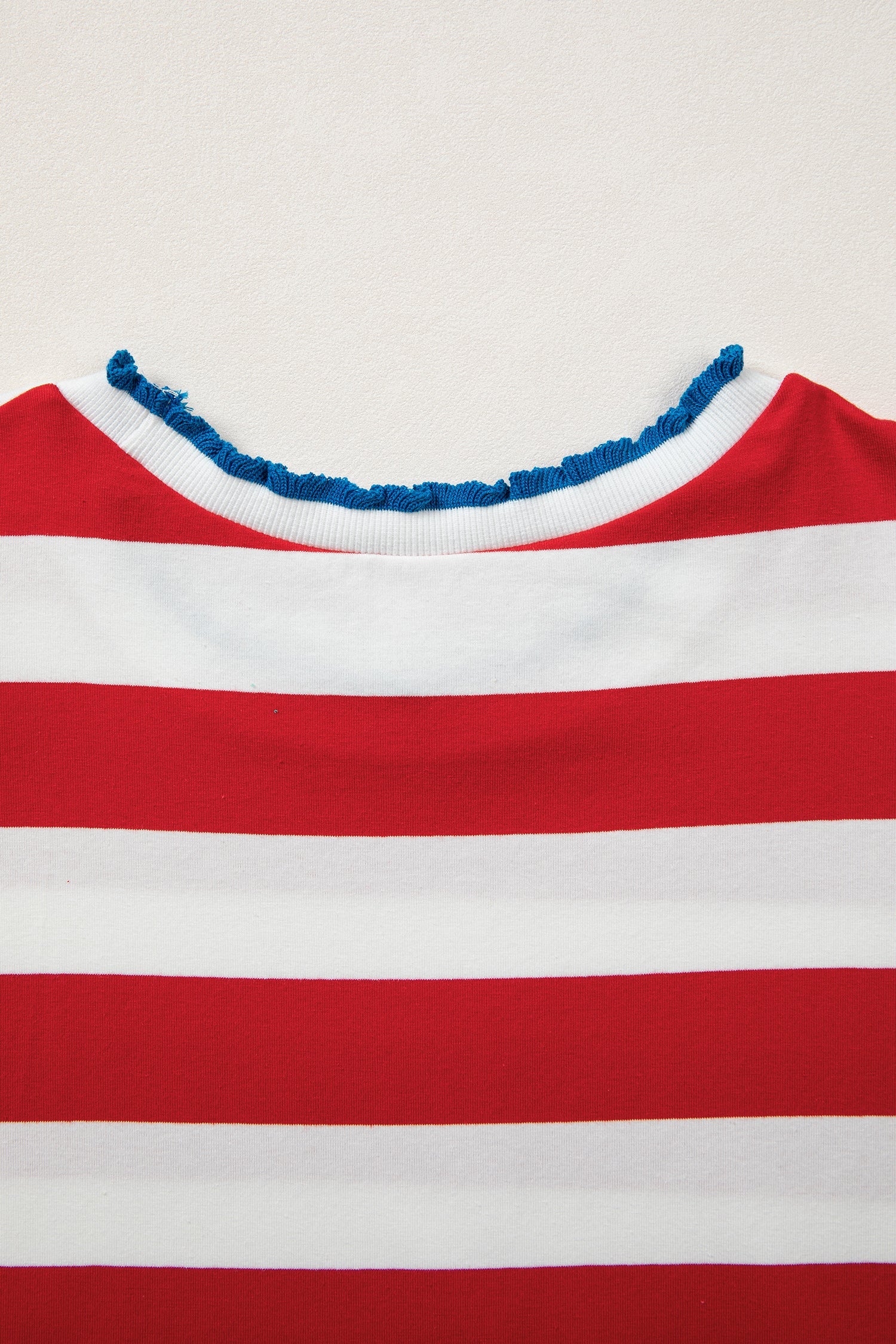 Red Stripe Contrast Trim Round Neck Short Puff Sleeve Shift Mini Dress