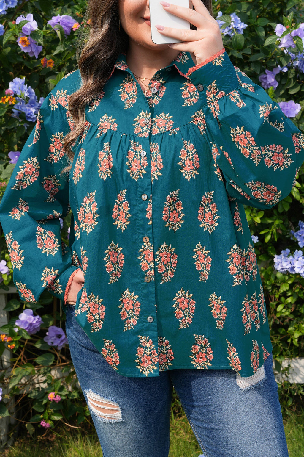 Green Plus Size Floral Print Contrast Lacy Trim Pleated Loose Shirt