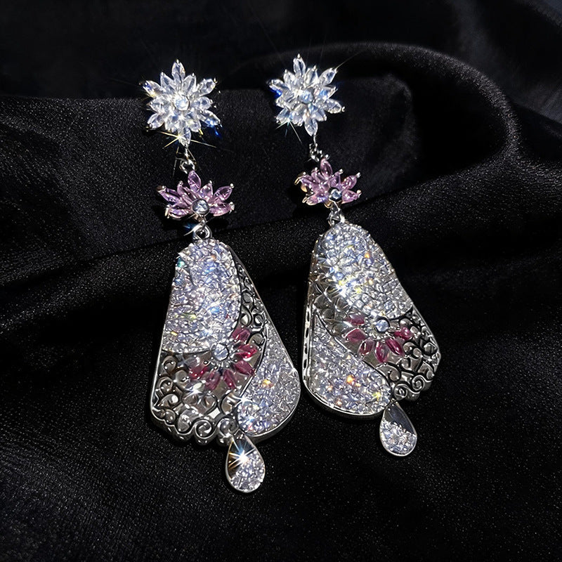 Women Long Dangle Multi Layer Flower Rhinestone Earrings,Exotic Heavy Craft Hollow Filigree Pink Crystal Drop Statement Jewelry For Wedding Banquet Party Occasion