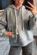 Gray Contrast Rope Drawstring Ruffle Trim Drop Shoulder Baggy Hoodie