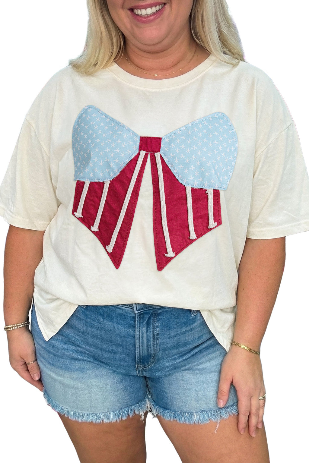White Distressed Flag Bow Patched Plus Size T Shirt