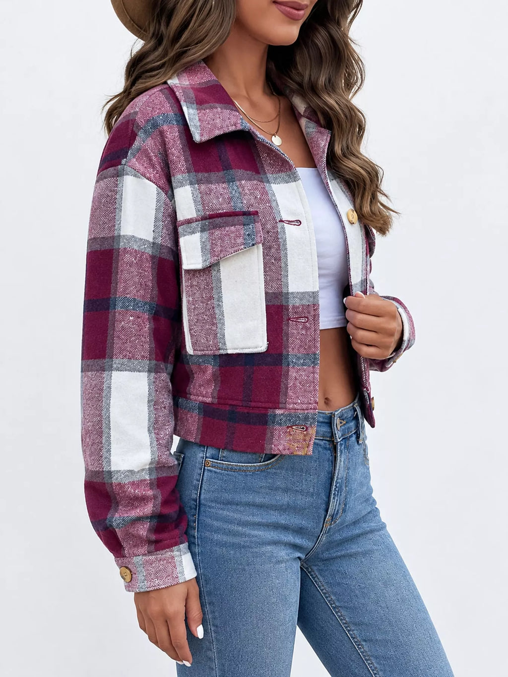 Plaid Button-Front Cropped Jacket