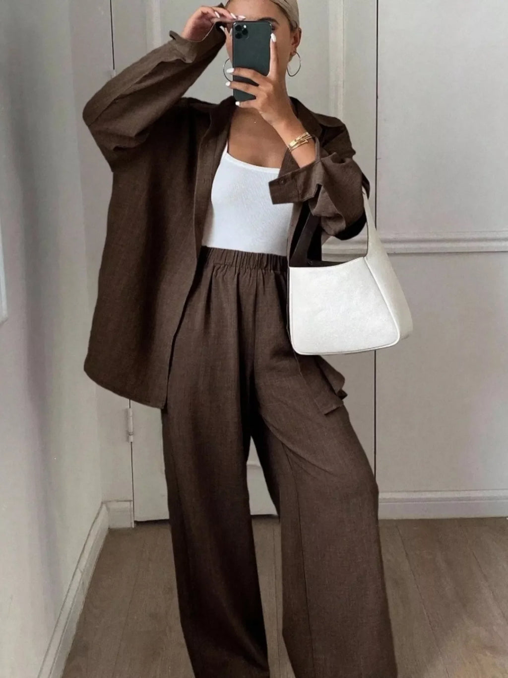 Button-Down Shirt and Wide-Leg Pants Set