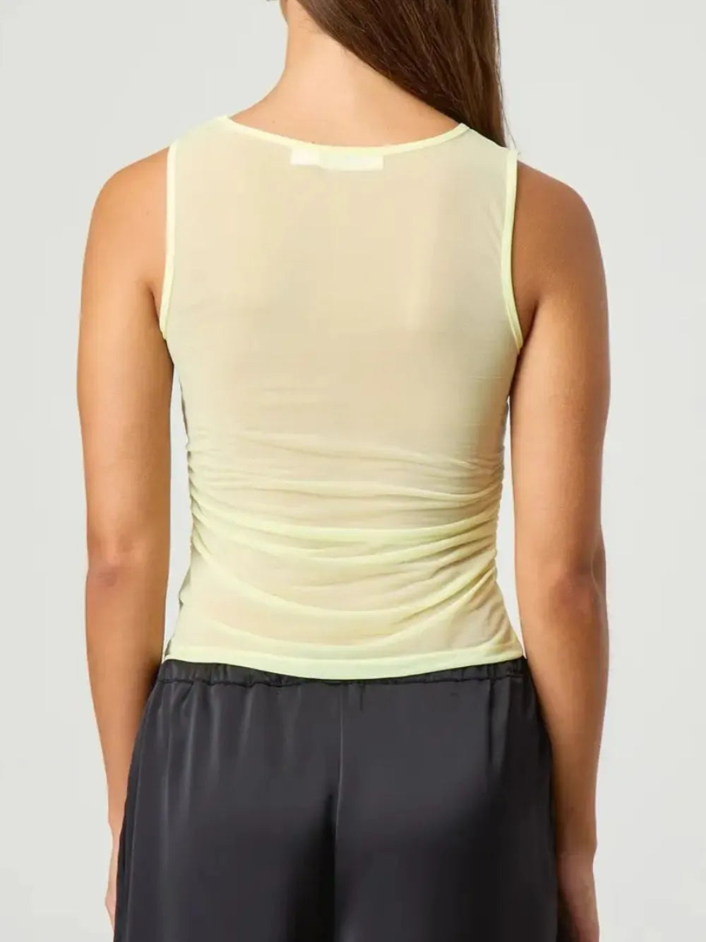 Semi-Sheer Ruched Round Neck Tank Top