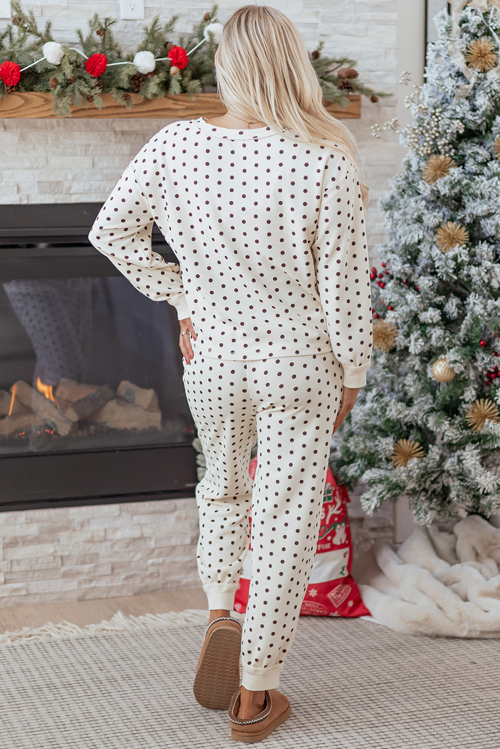 Polka Dot Waffle Knit Top and Pants Lounge Set