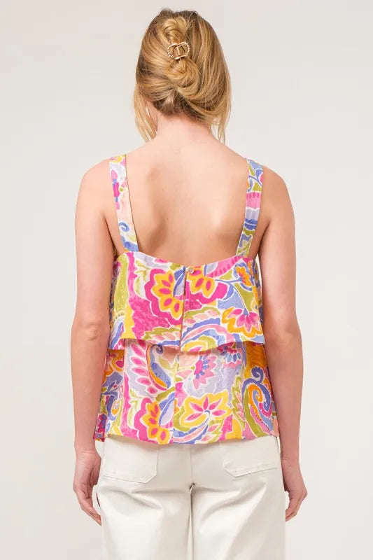 Square Neck Tiered Paisley Print Top