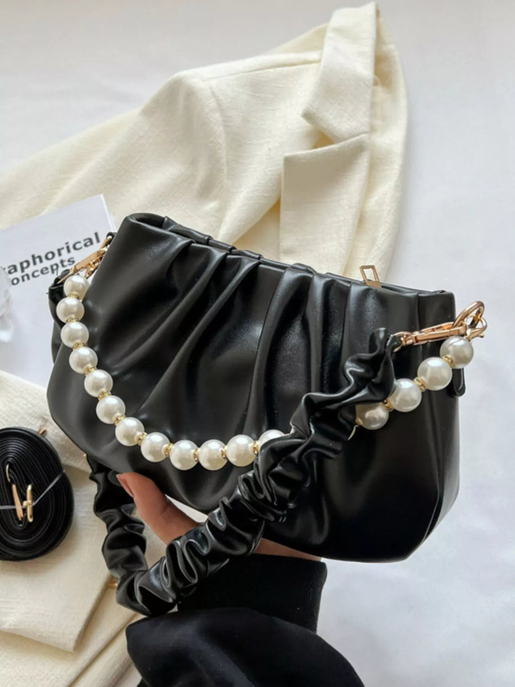 Ruched Shoulder Bag with Pearl Embellishment