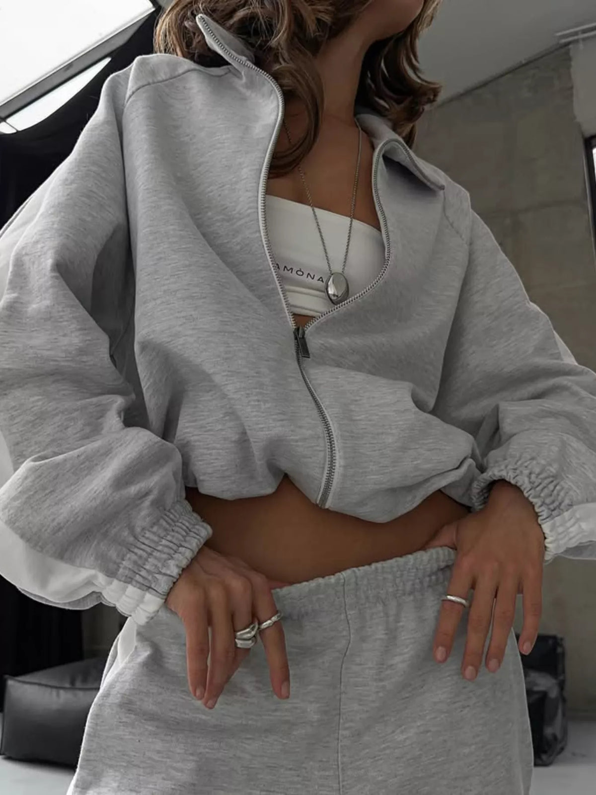 Contrast Side Stripe Zip Up Top and Pants Set