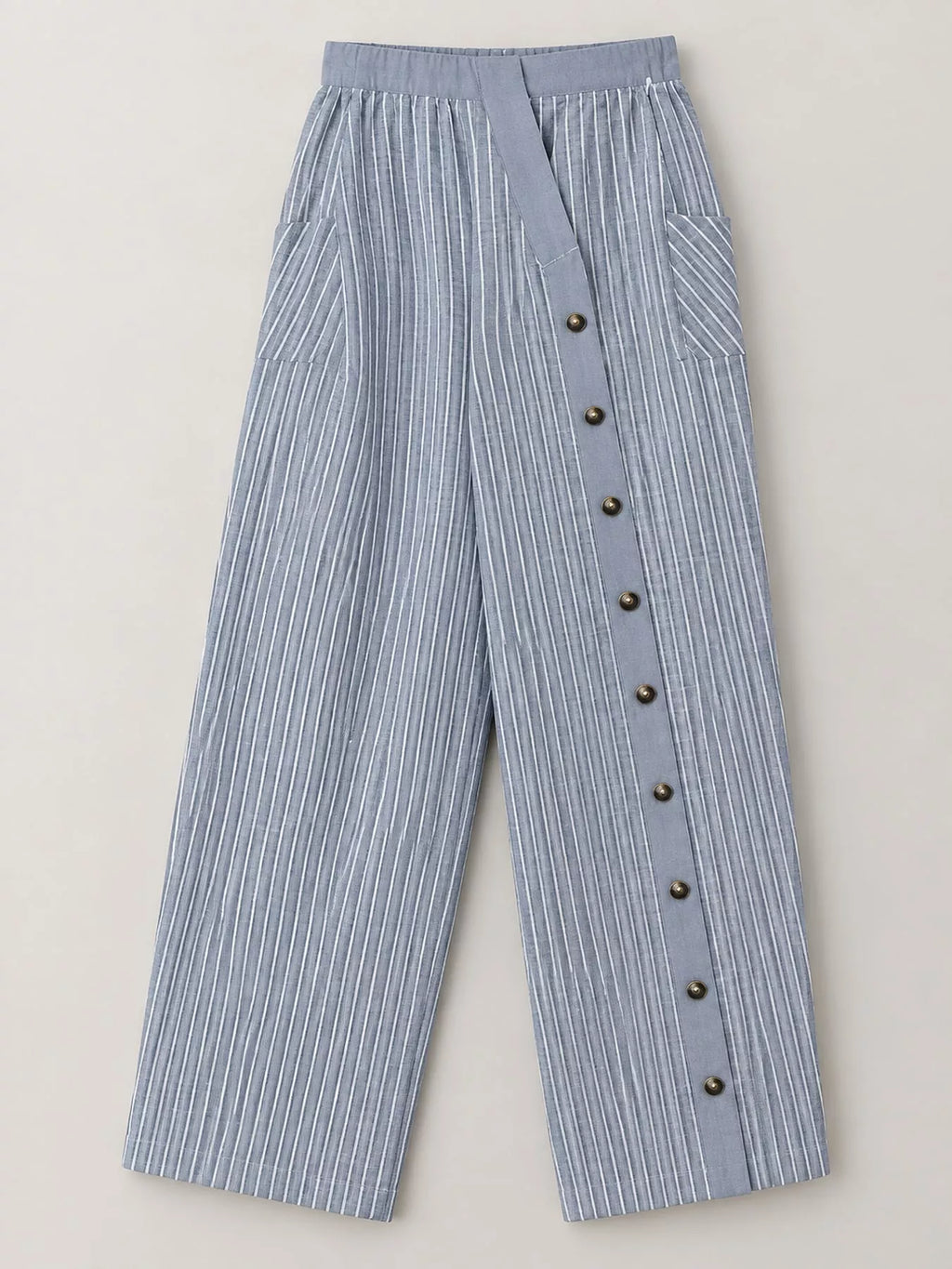 Striped Casual Pants with Side Button Detail