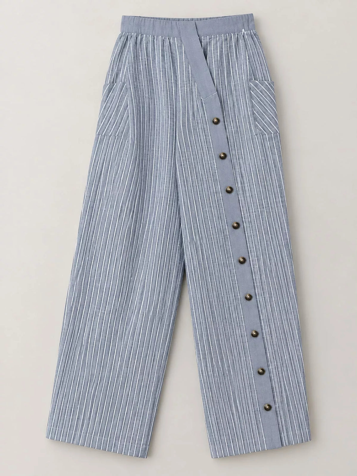 Striped Casual Pants with Side Button Detail