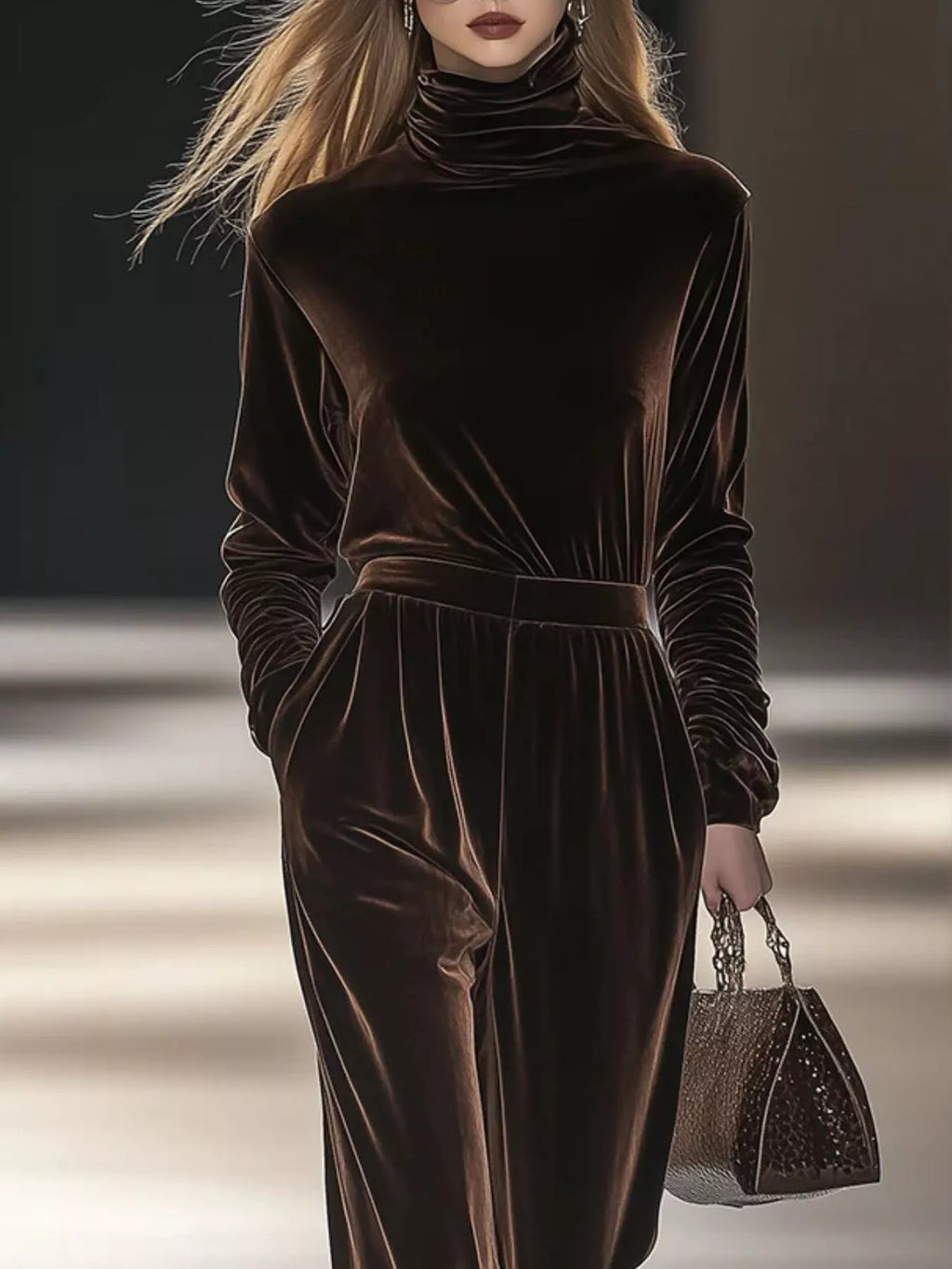 Full Size Velvet Turtleneck Long Sleeve Top and Wide-Leg Pants Set Plus Size