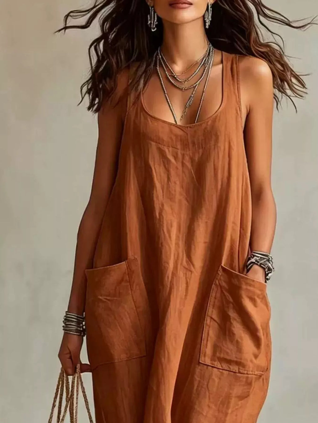Scoop Neck Sleeveless Maxi Dress with Pockets