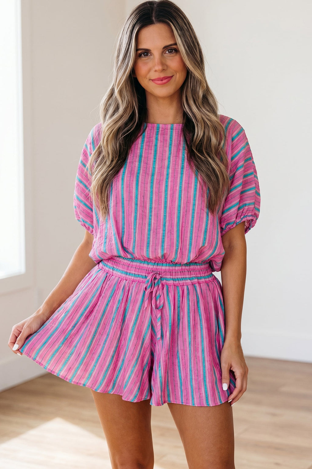 Pink Stripe Dolman Short Sleeve Blouse Drawstring Elastic Waist Loose Short Set