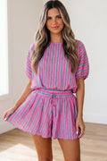 Pink Stripe Dolman Short Sleeve Blouse Drawstring Elastic Waist Loose Short Set